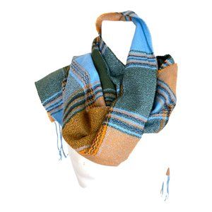 100% Cashmere made in Scotland plaid scarf wrap Fringe hem blue Orange Green